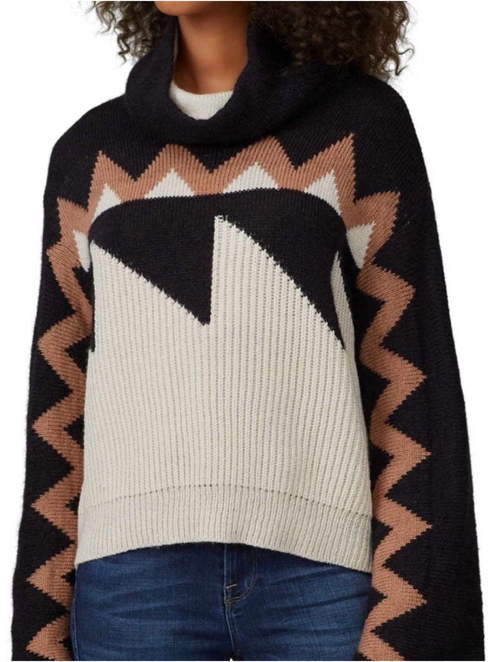 NUDE Geometric Cowl Neck Colorblock Sweater in Black, Cream & Tan